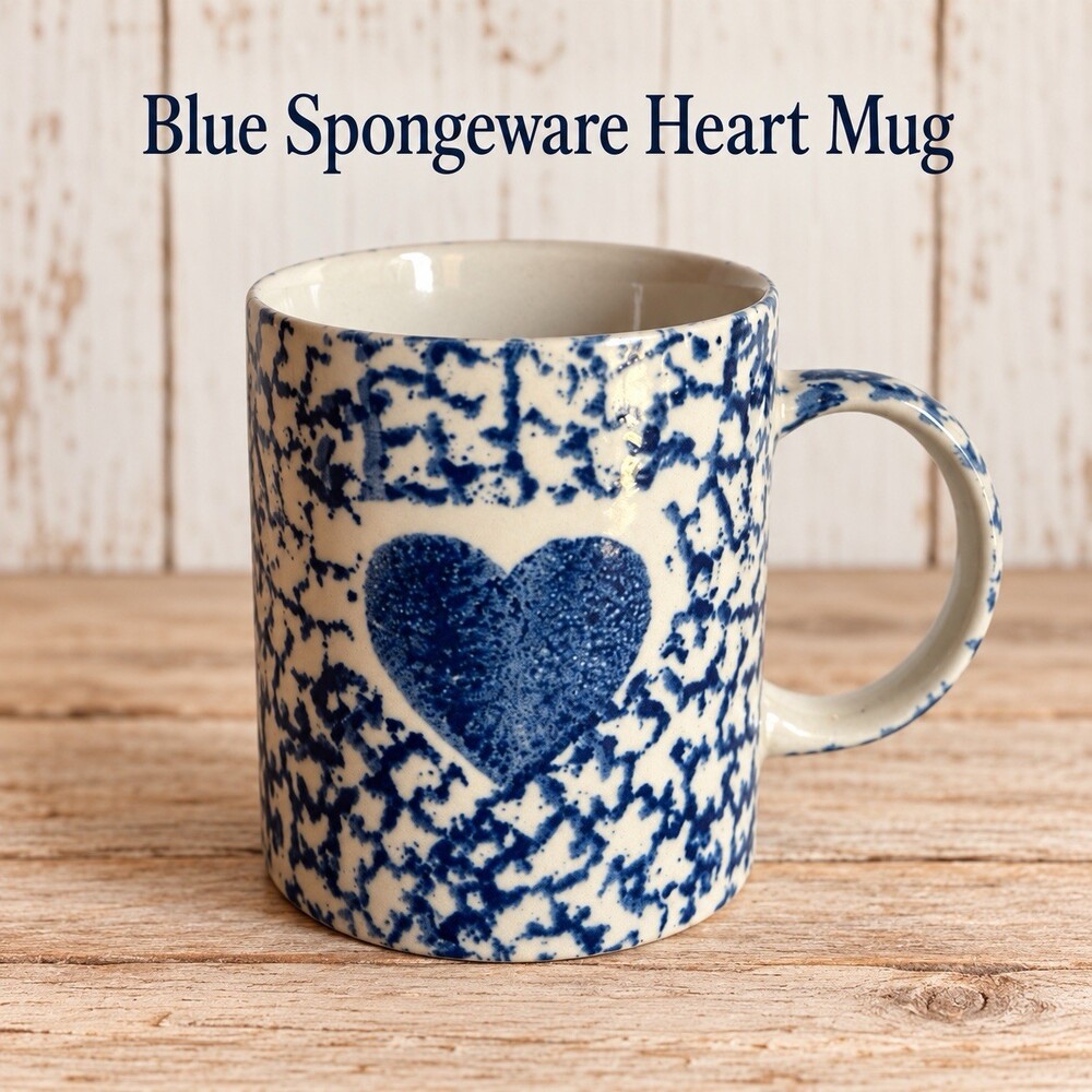 Vintage Gibson Blue Spongeware Coffee Mug | Heart Stoneware Cup | Country